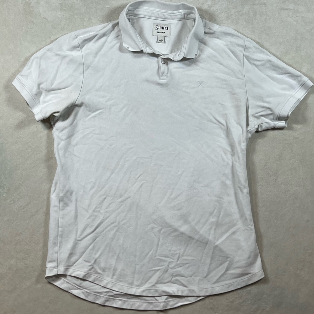 Cuts Clothing Large Curve Hem Slim Fit Classic White Performance Polo Shirt EUC